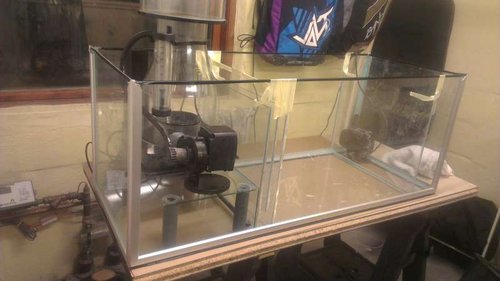 Så skulle der bygges sump, skummeren skulle stå i 19 cm. vand, så der skulle lige bruges lidt glas til at prøve sig frem og tilbage for at få den rette højde (godt naboen ikke skal bruge sit drivhus sådan lige med det samme) ;)